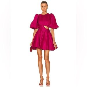 Aje Admiration Mini Dress Sculptural Puff Sleeve Cutout Linen Fuchsia Size 2